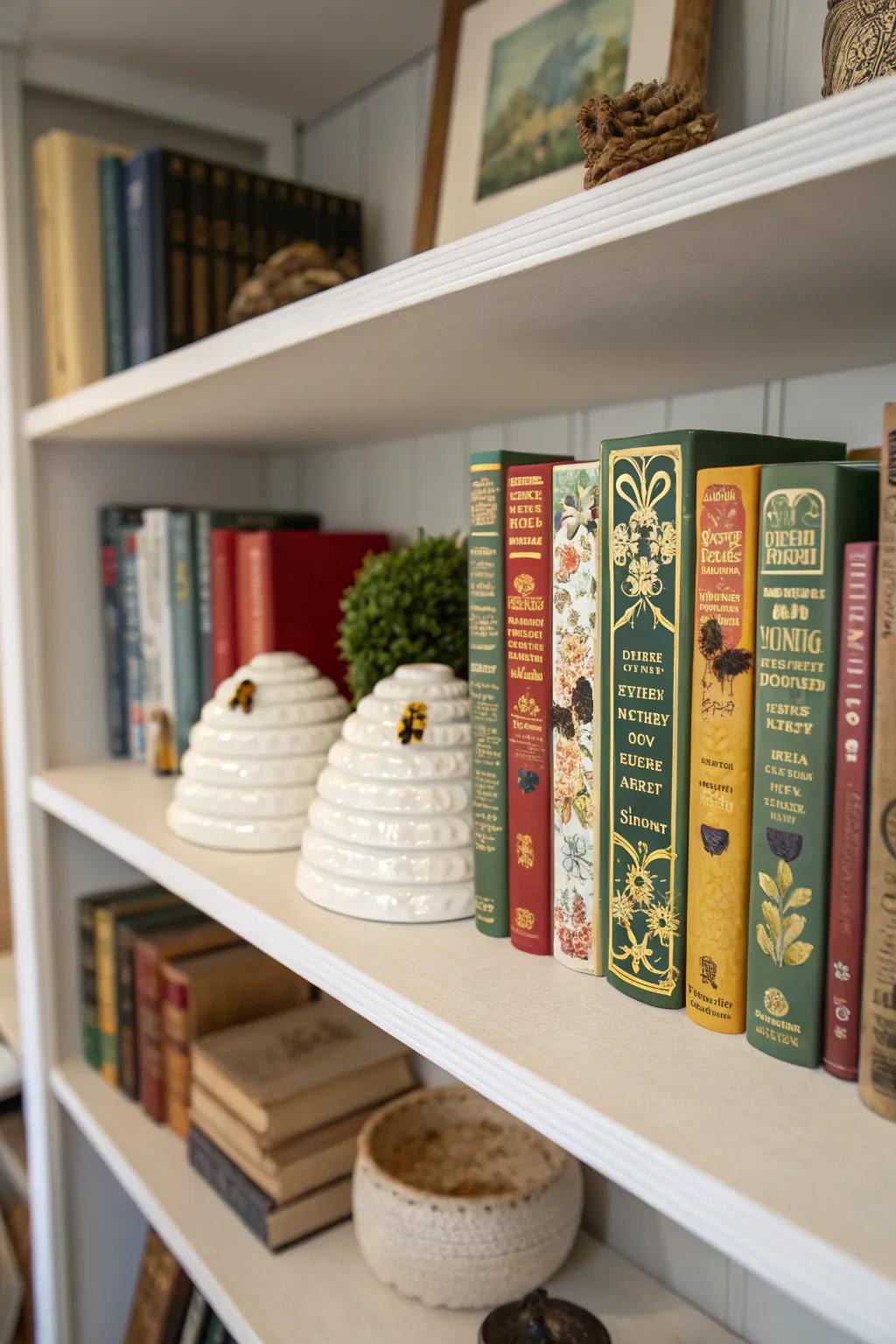 Beehive sculptures add thematic charm to your shelves.