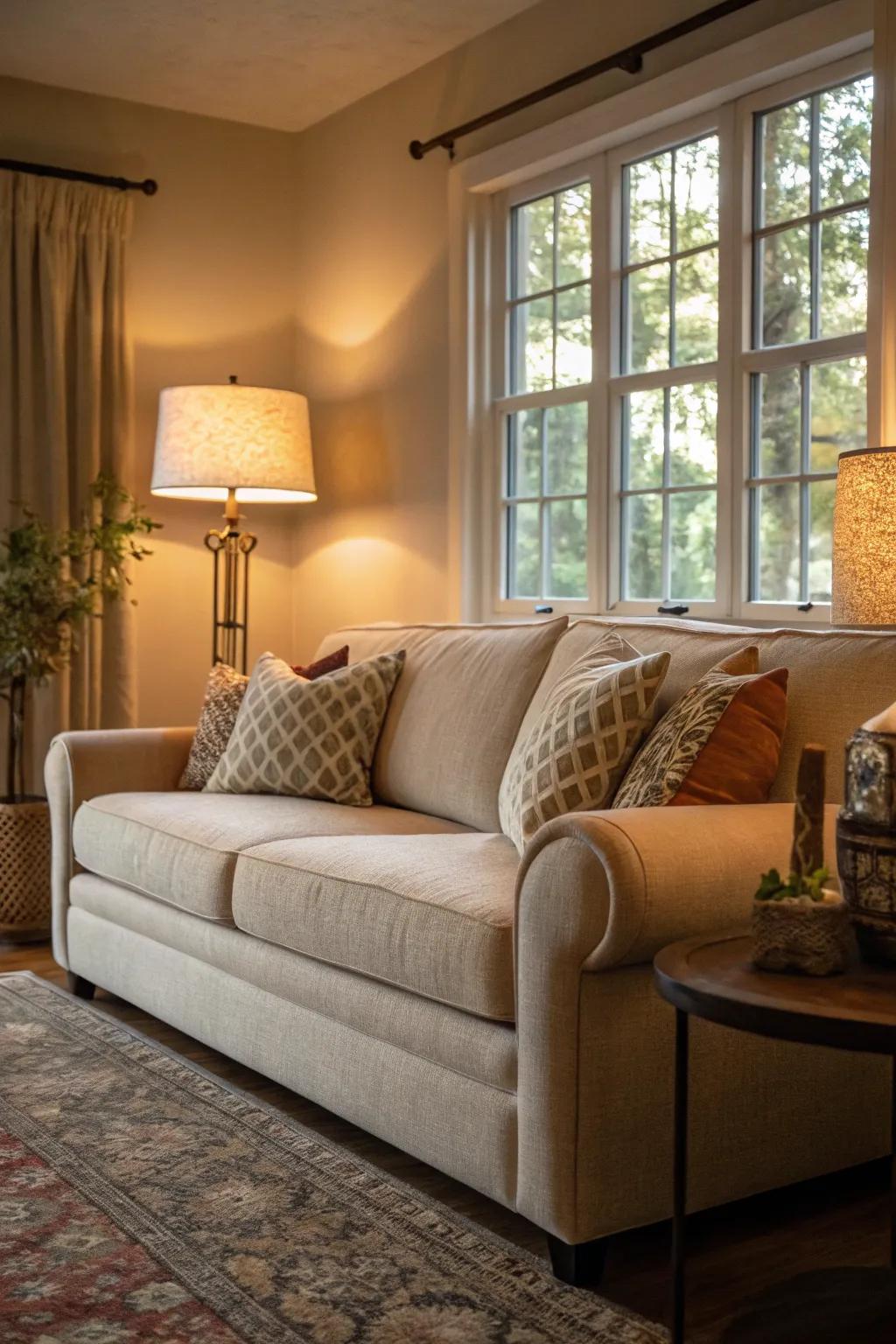 Warm ambient lighting envelops a living room with a beige couch.