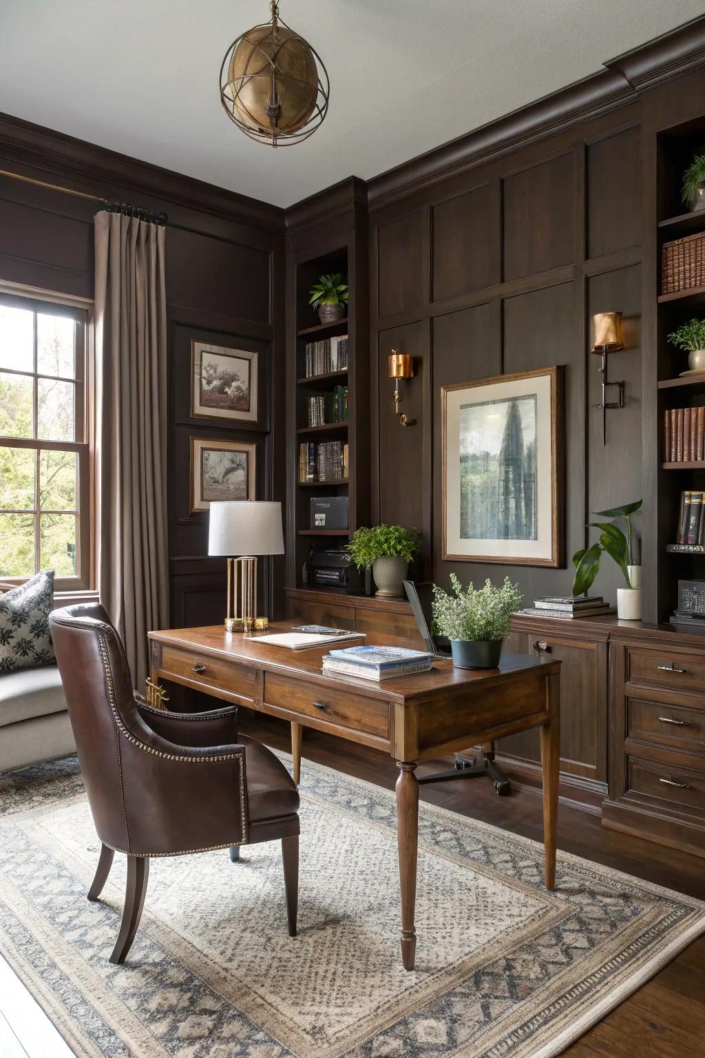 A sophisticated workspace encased in profound brown walls.