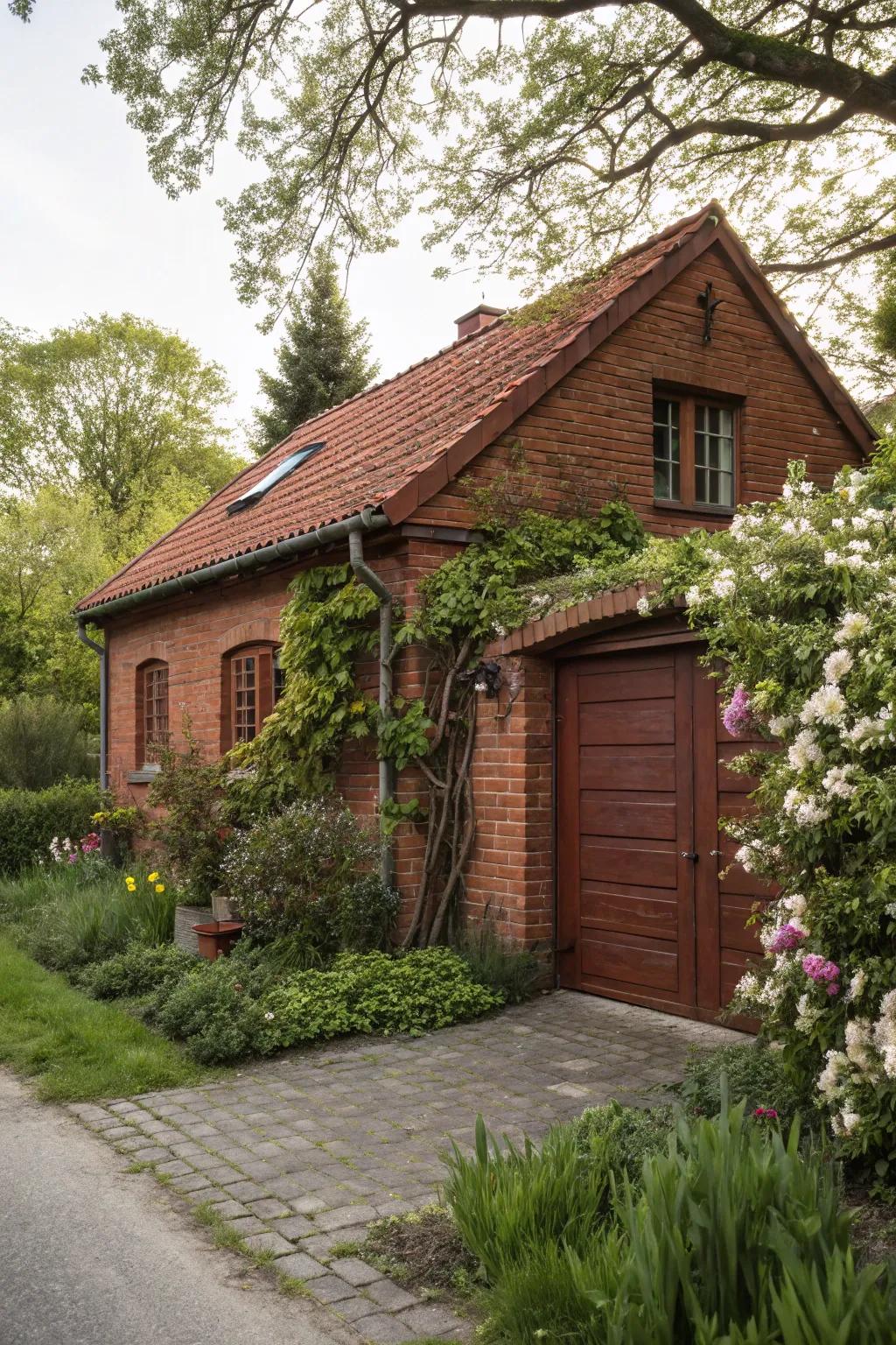 Rustic brown garage doors offer a cozy feel to red brick houses.