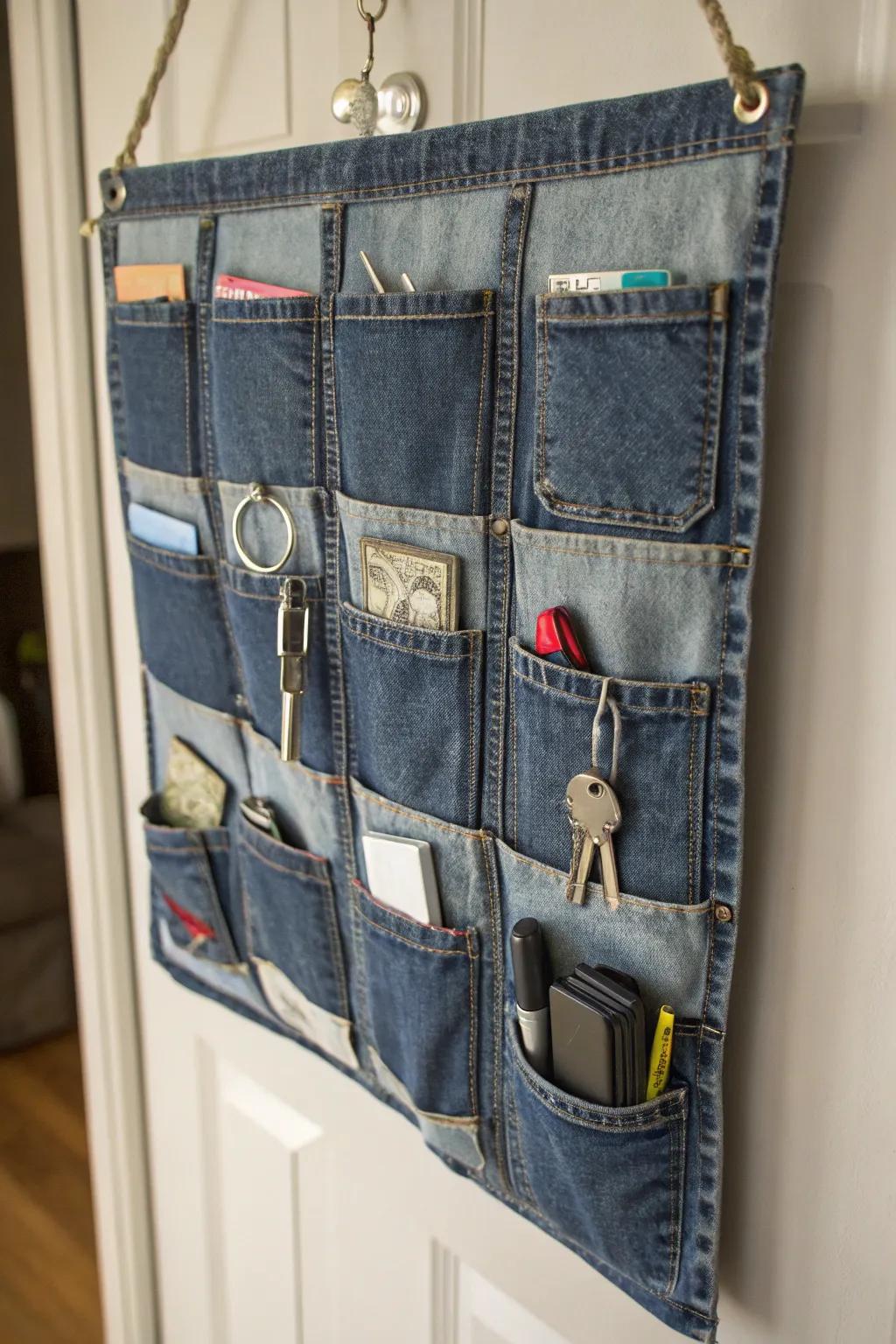 Organize with denim pocket organizers.