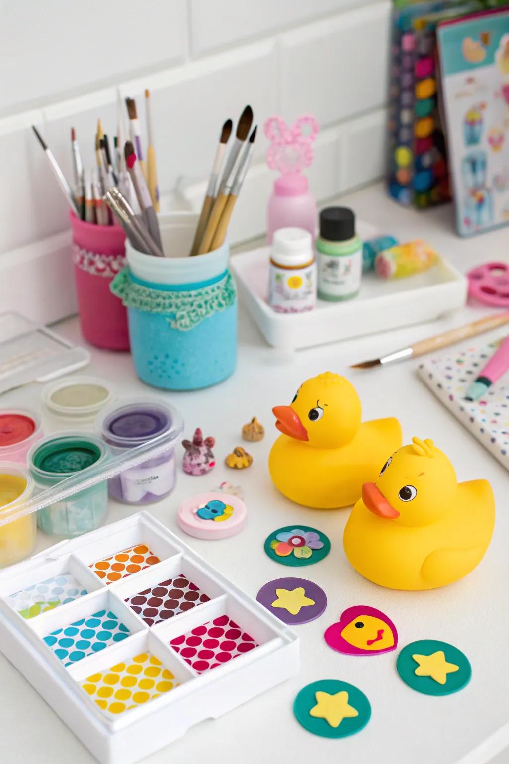 A creative duck craft station for guests.