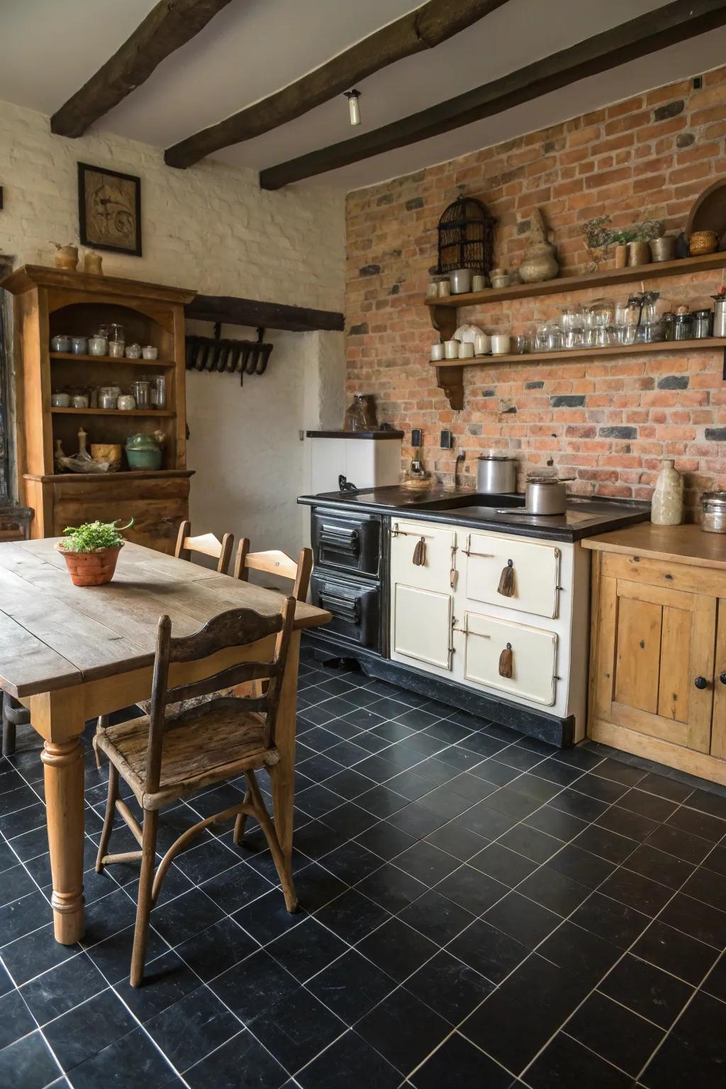 A rustic kitchen where black floors complement charming elements like brick and wood.