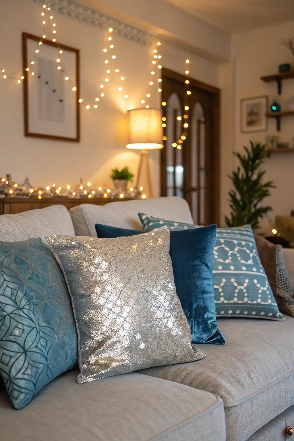 Silver and blue throw pillows bring new patterns and textures to this cozy living room.