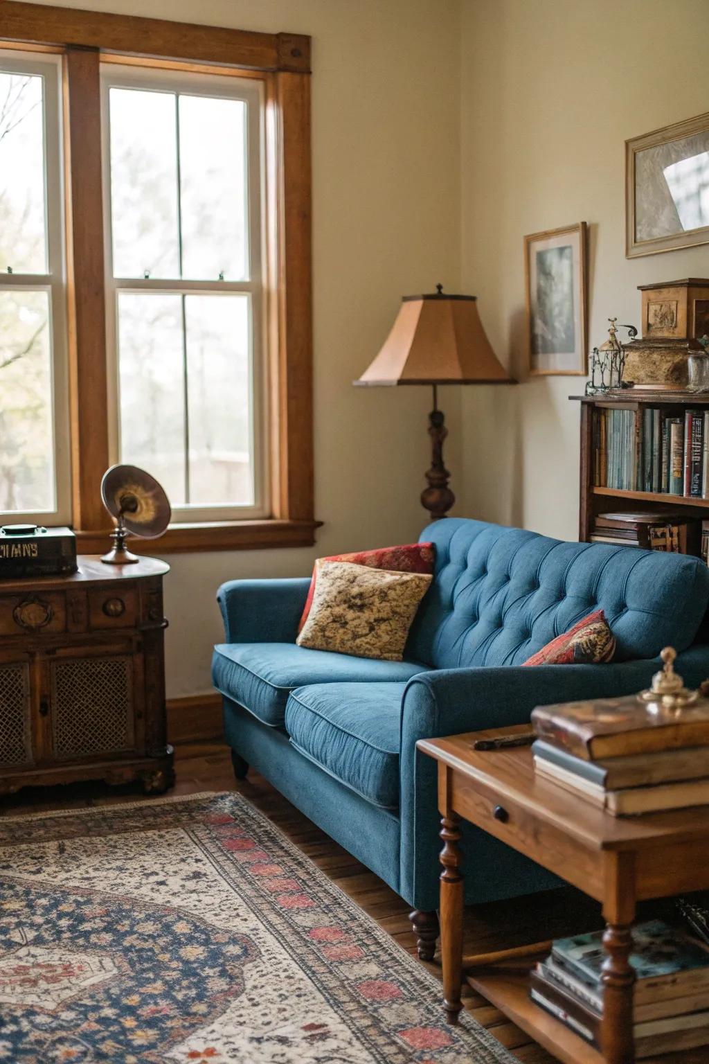 Vintage touches add character to a blue sofa setup.