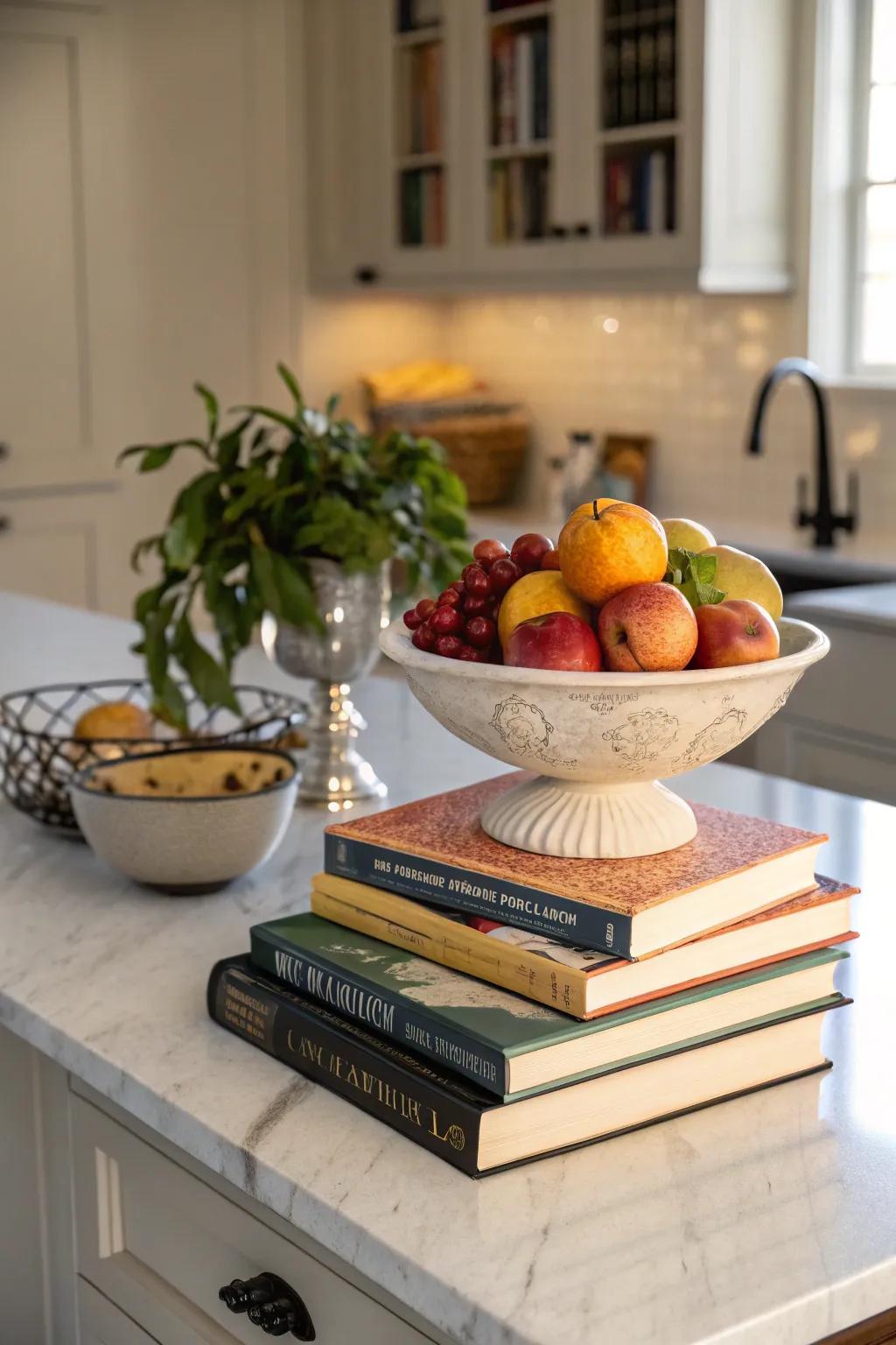 Books and fruit create a fresh and inviting centerpiece.