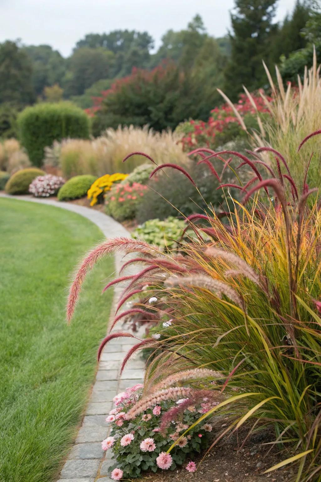 Variegated grasses add an unexpected touch to garden borders.