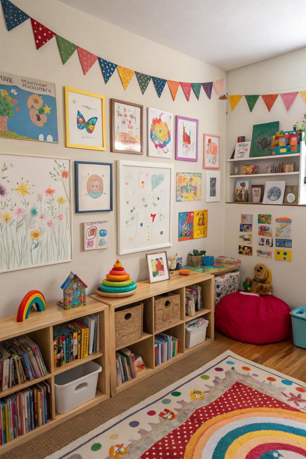 A gallery wall showcases kids' artwork, fostering creativity and pride.