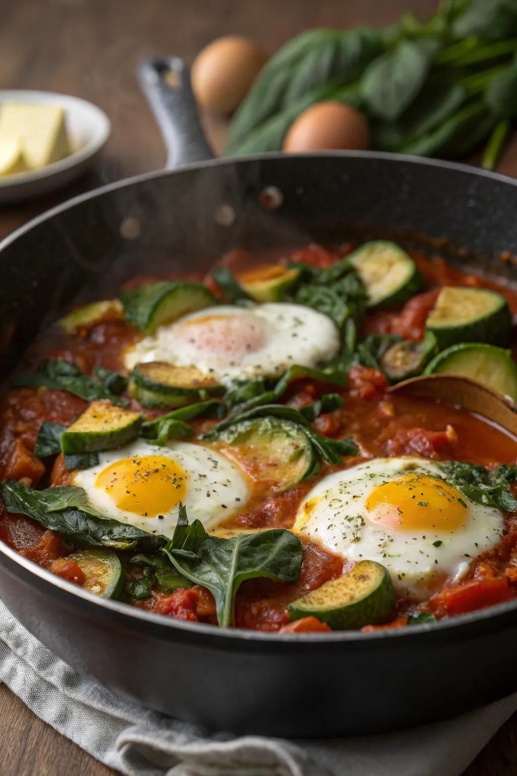 A veggie-packed shakshuka guarantees a flavorful breakfast.