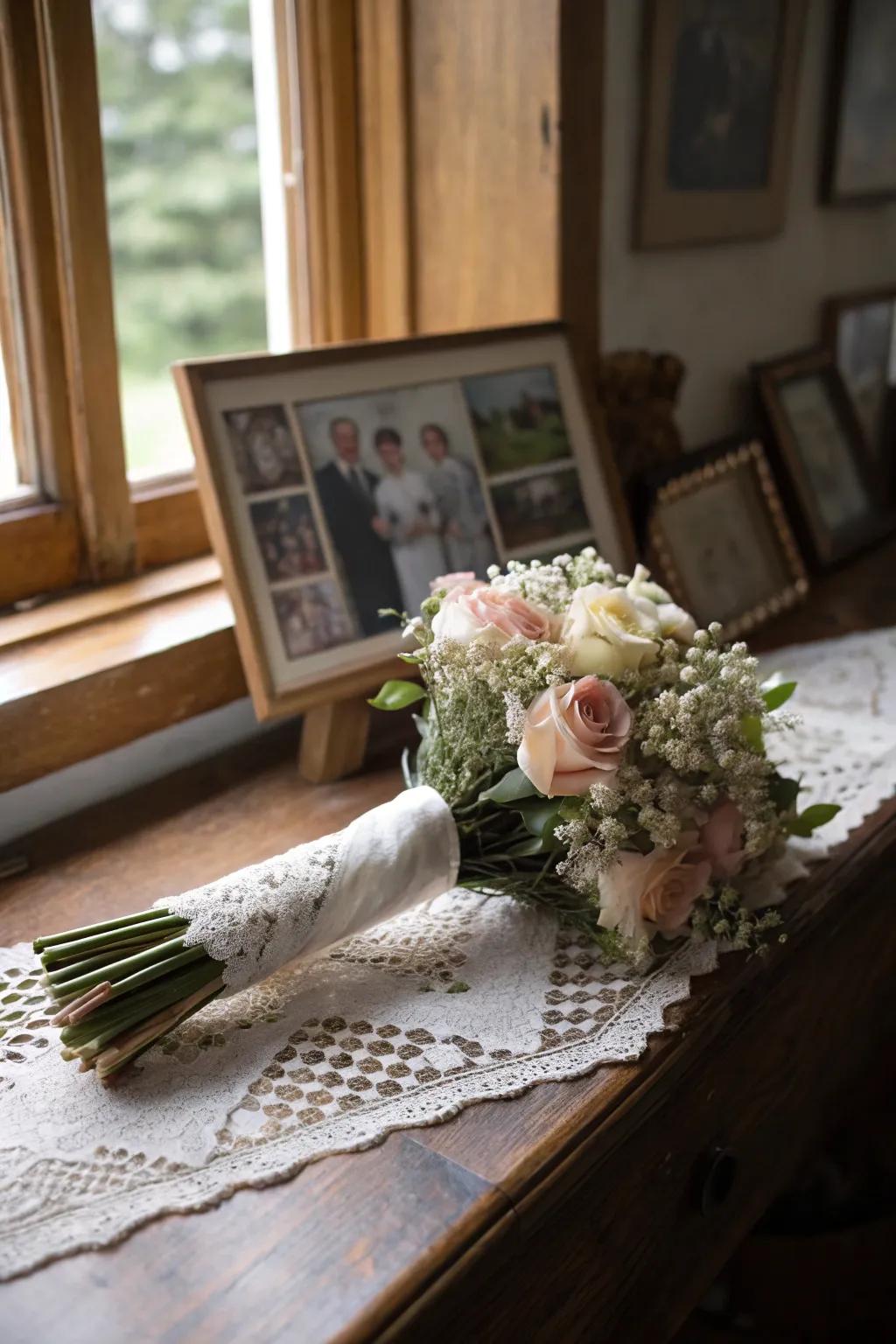 A handkerchief wrap imparting a personal, sentimental note to wedding bouquets.
