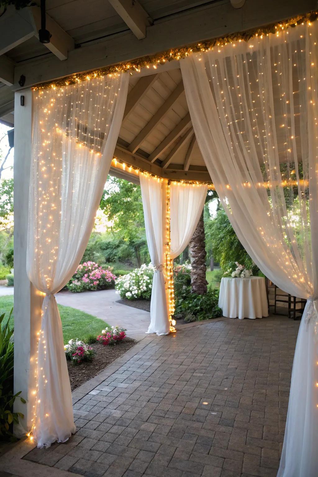 An outdoor structure adorned with textiles and lights welcomes guests to a garden-themed bridal shower.