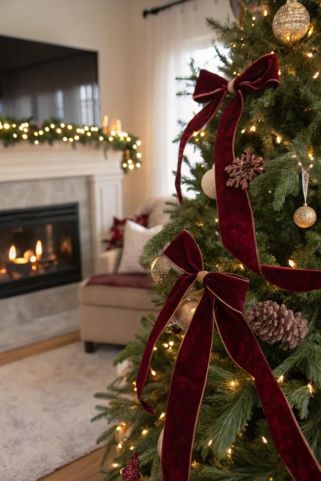 Velvet ribbons append plush elegance to the tree.