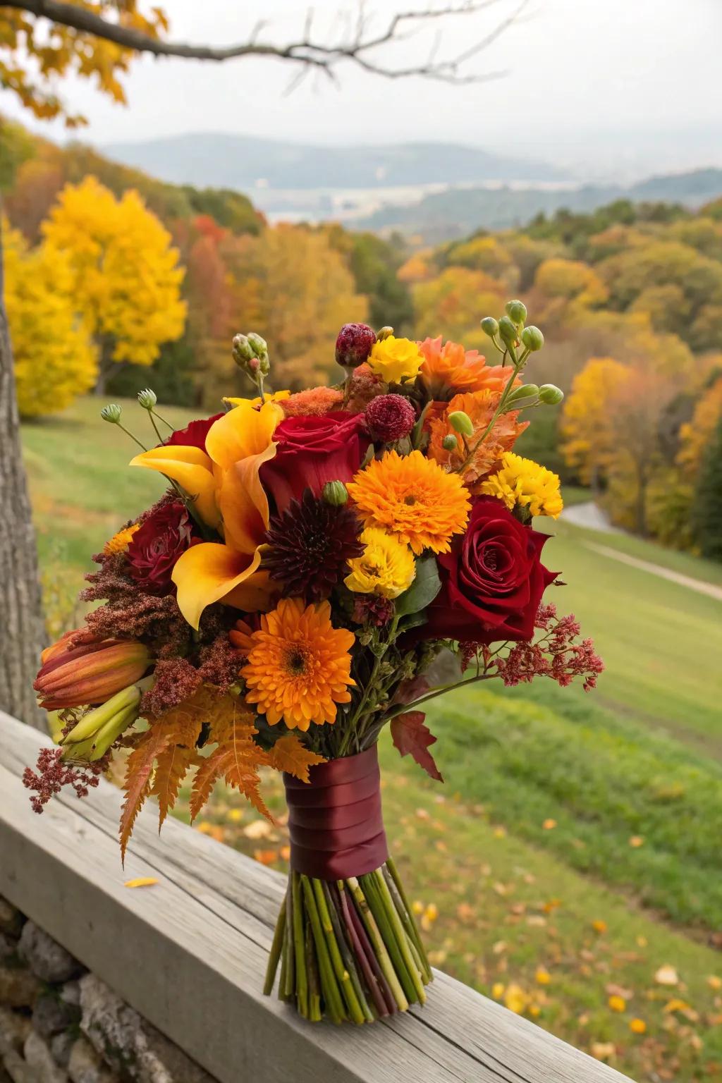 Bold flower arrangement with deep red, orange, and yellow flowers.