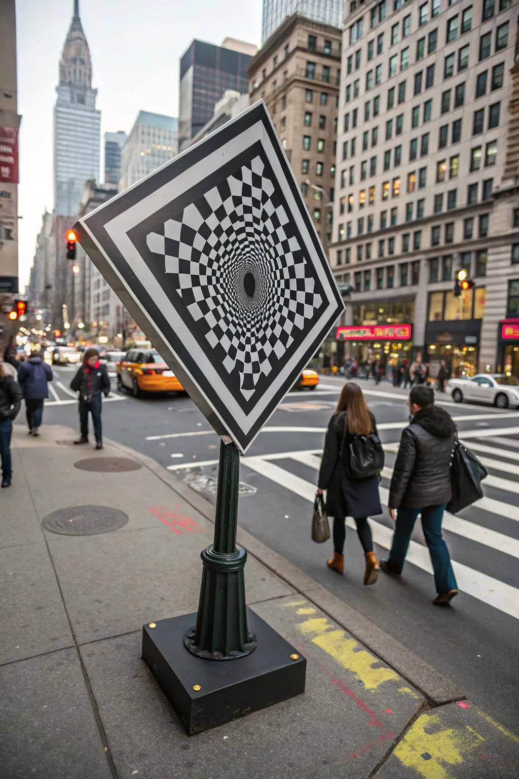 Optical illusion signs intrigue and captivate, drawing people in.