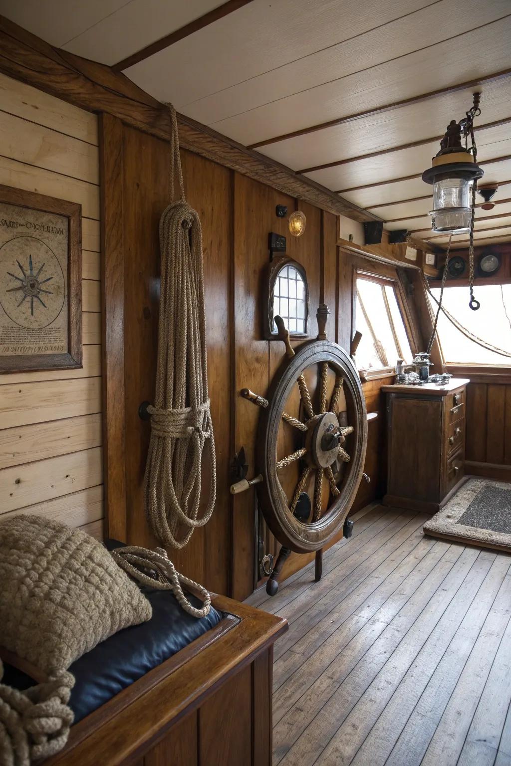 Nautical elements adding a seaside theme to the cabin decor.