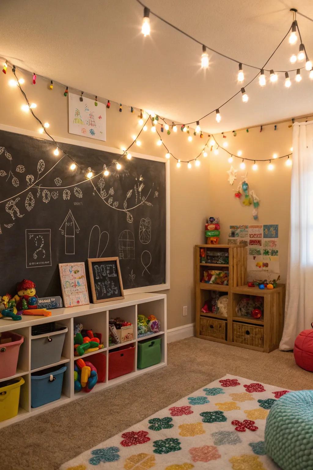 Light accents create a magical chalkboard ambiance.