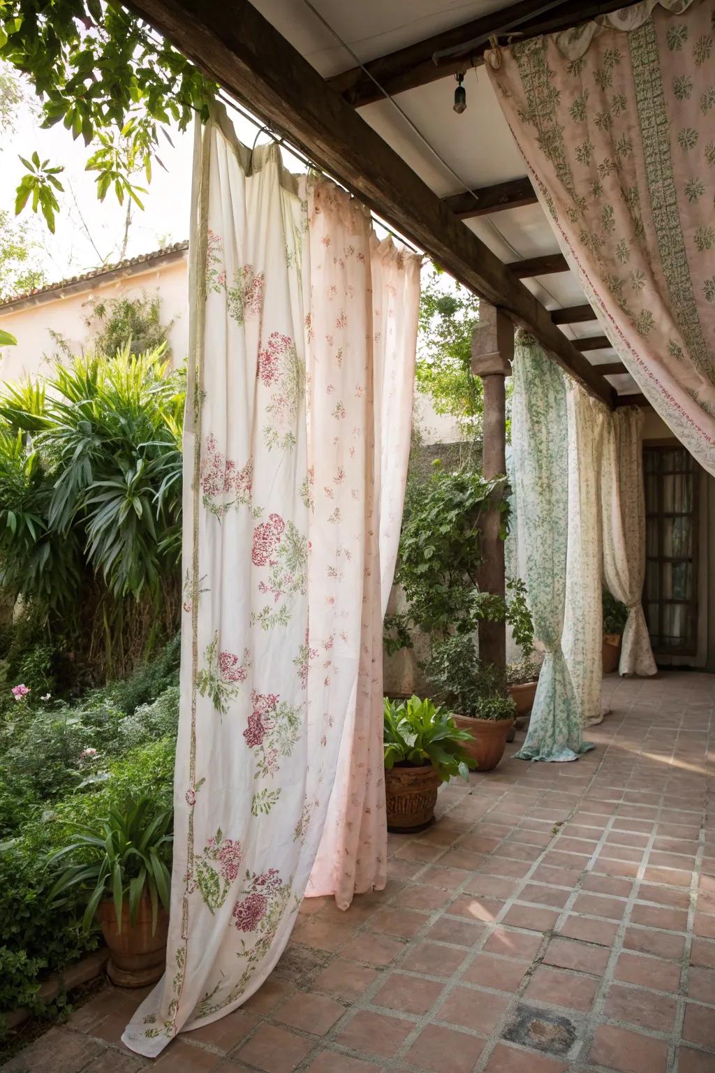 Vintage sheets as patio curtains add whimsy and charm.