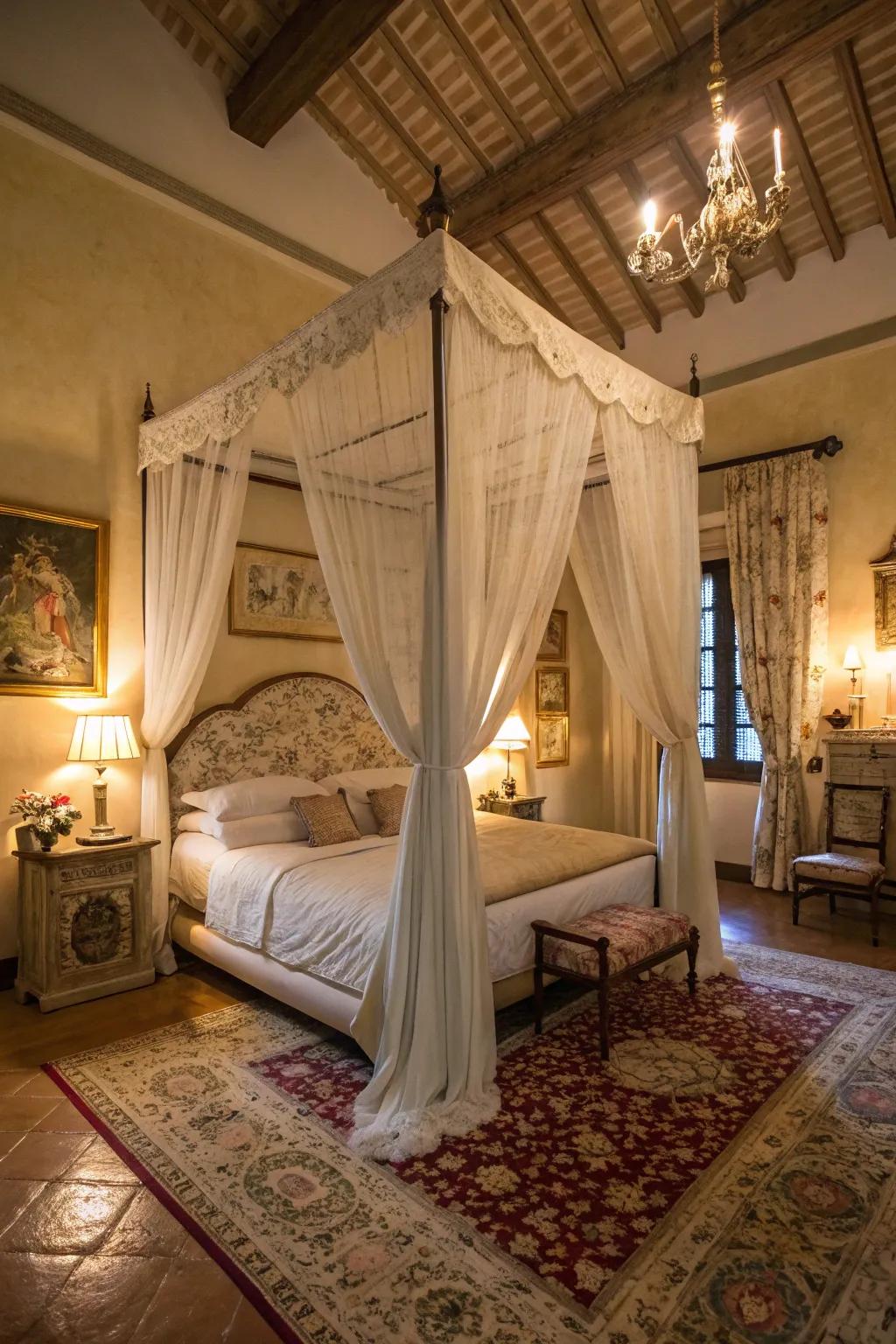 A canopy bed adding elegance and coziness to the room.