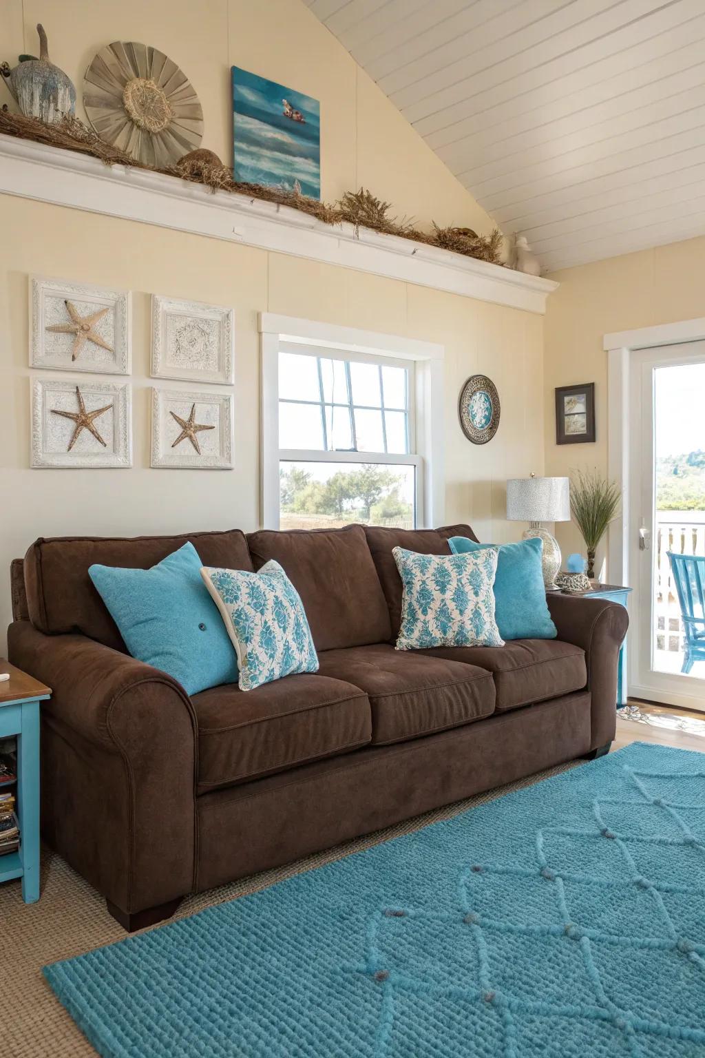 Coastal comfort is achieved with deep hues that complement a chocolate couch.