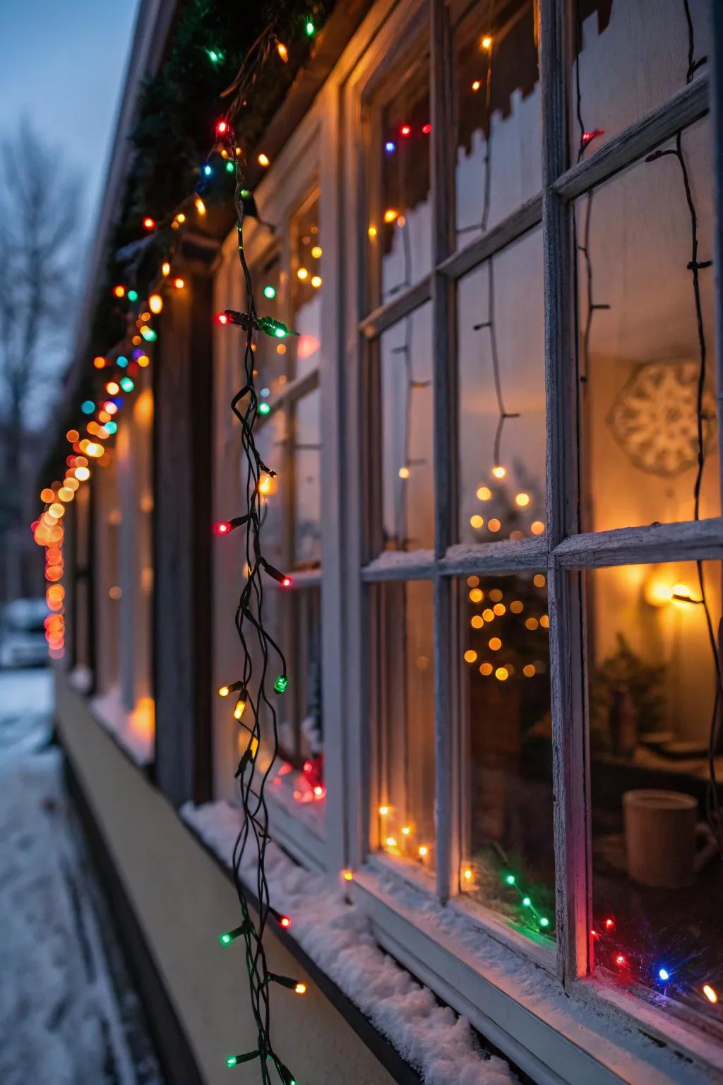 A vivid window presentation showcasing vibrant Christmas lights.