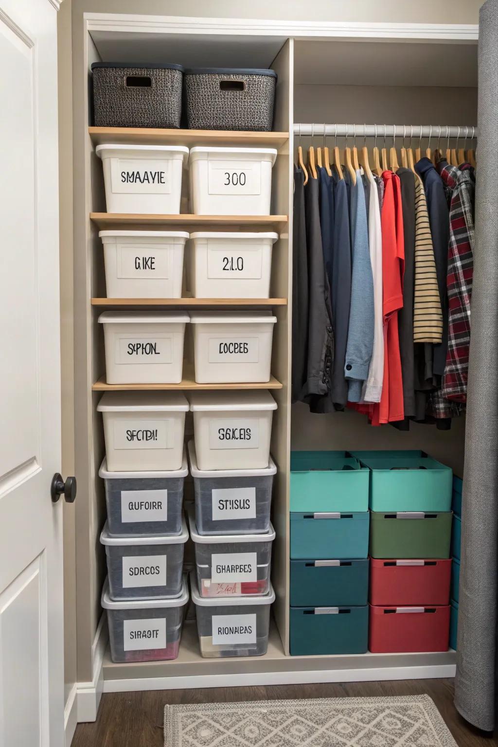 Labels make it easy to find what you need in a well-organized closet.