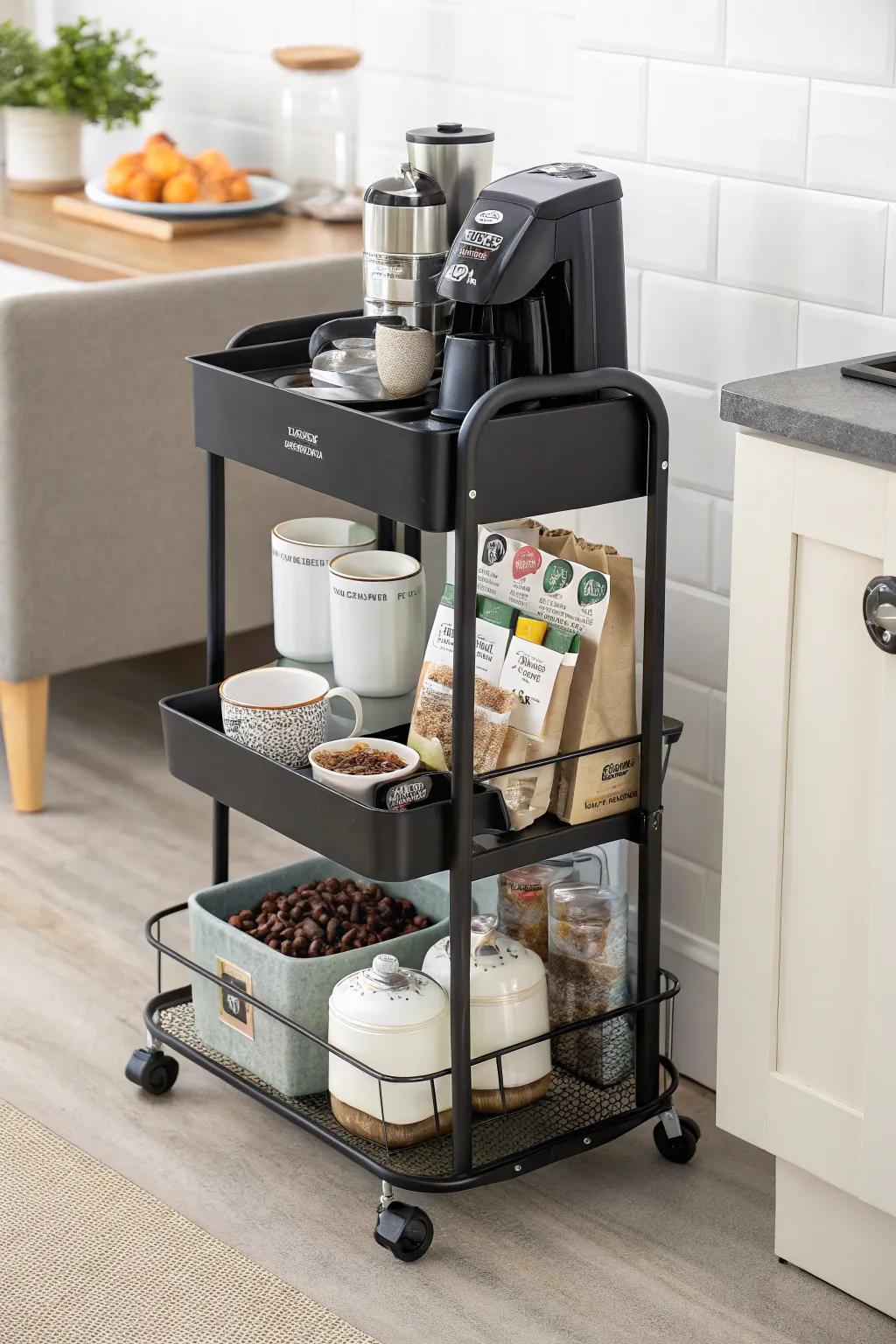 A versatile coffee cart for space-saving functionality.