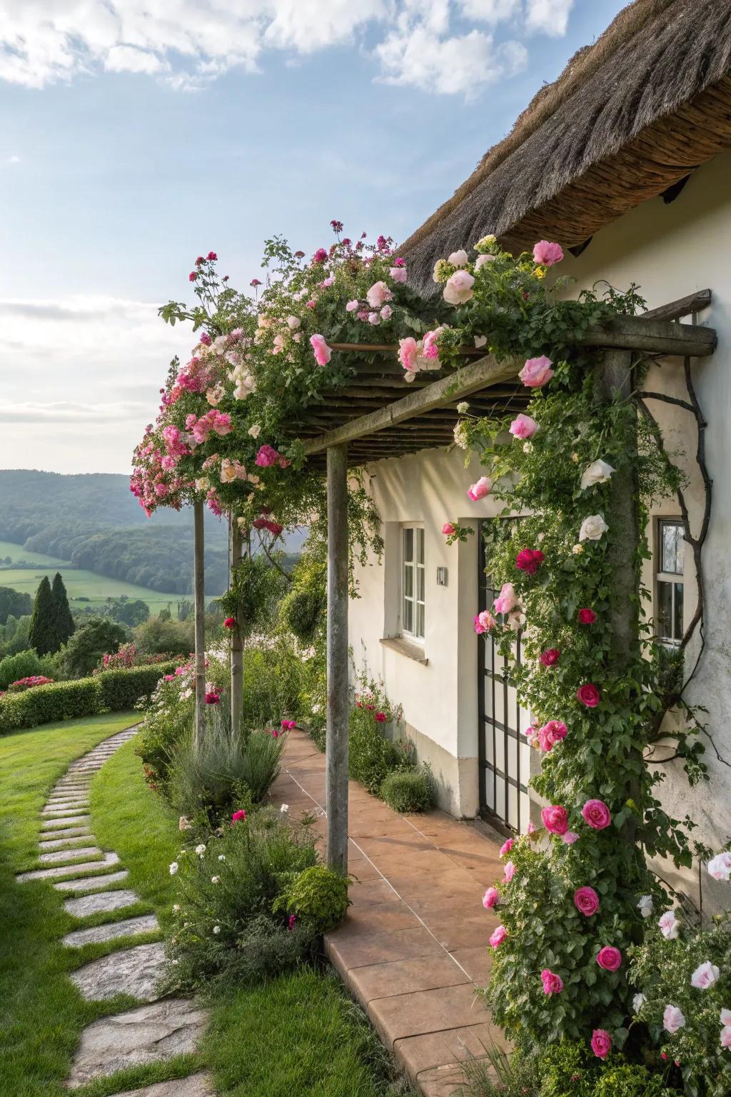 A pergola or trellis adds romance and shade to a cottage exterior.