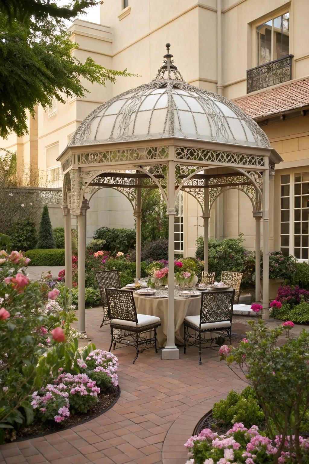 A gazebo offers a multifunctional shaded area in the courtyard.