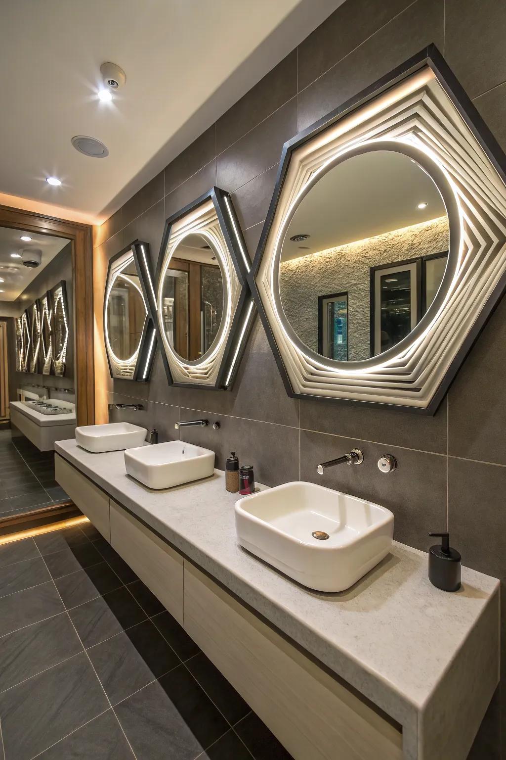 A bathroom with geometric mirrors that expand the visual space.