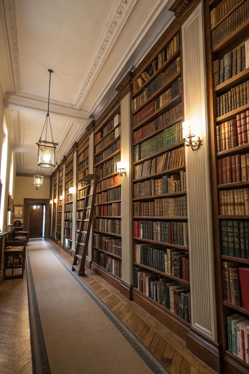 Ceiling-high shelves create a dramatic and functional library effect.