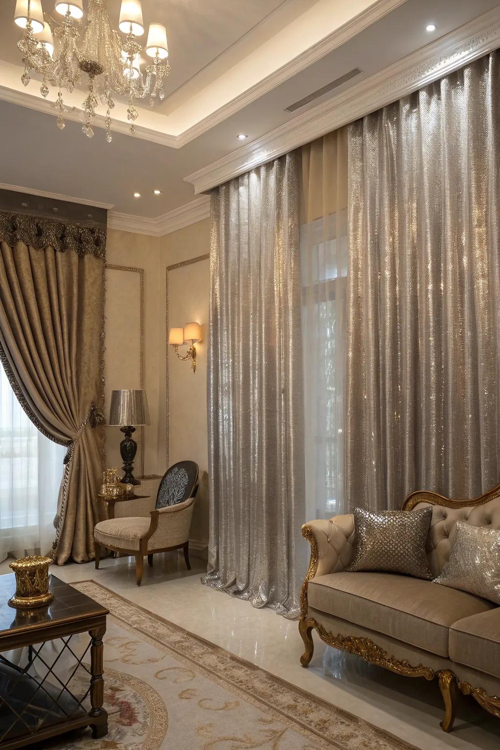 Metallic curtains bring a glamorous and reflective quality.