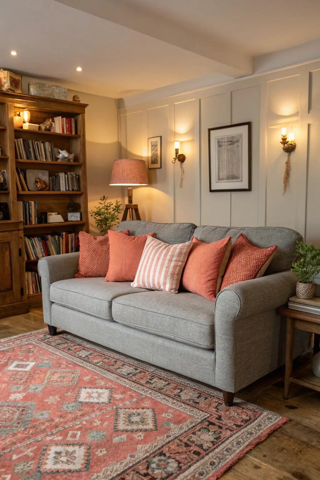 Coral cushions offer a warm and inviting touch to a grey sofa.