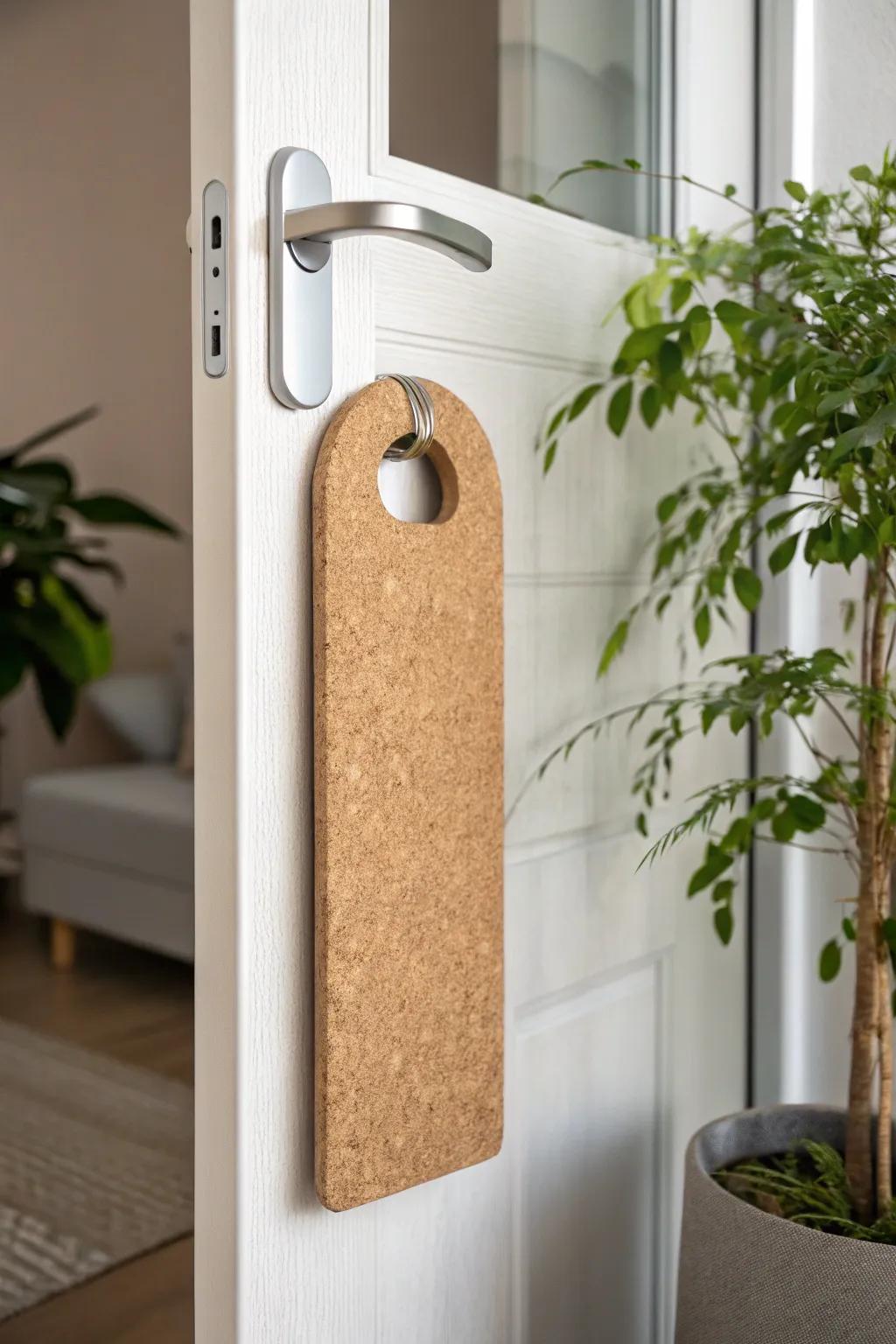 An eco-friendly cork door hanger that showcases sustainable style.