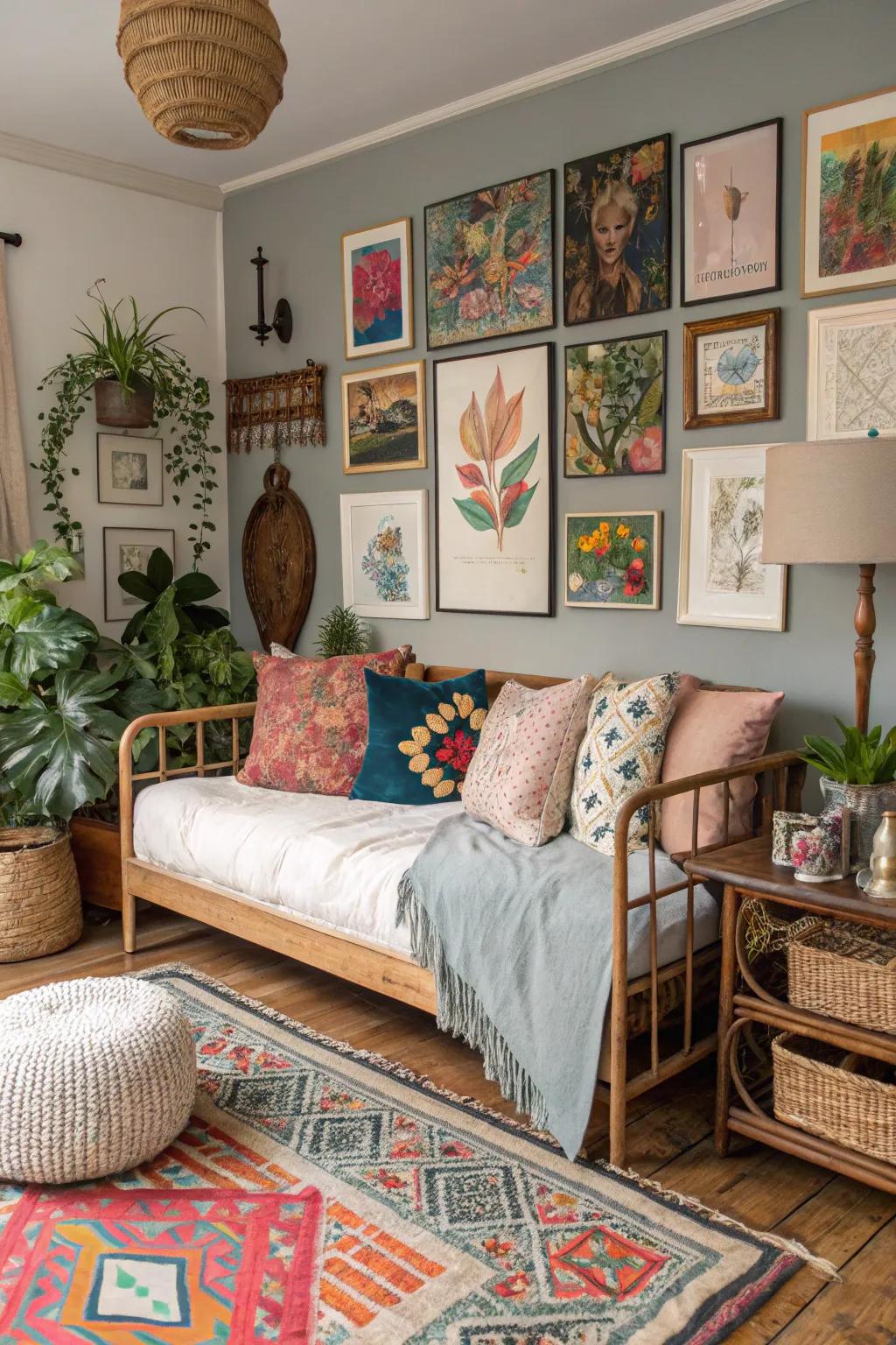 An eclectic mix of styles brings character to a daybed setting.