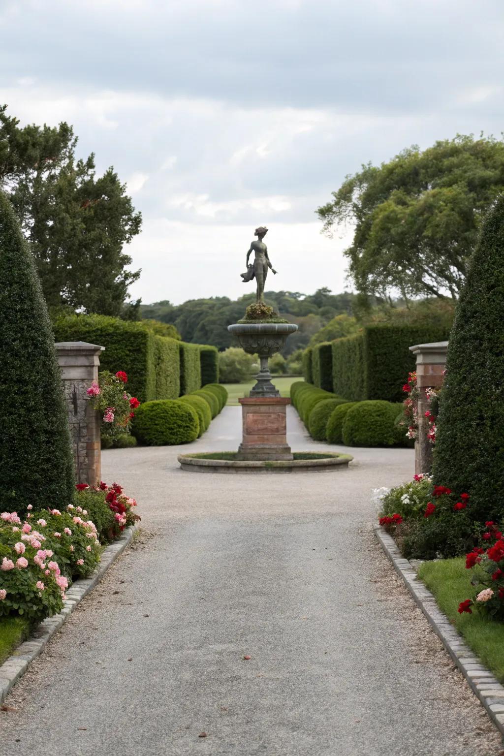 A central sculpture adds an artistic touch to this driveway entrance.