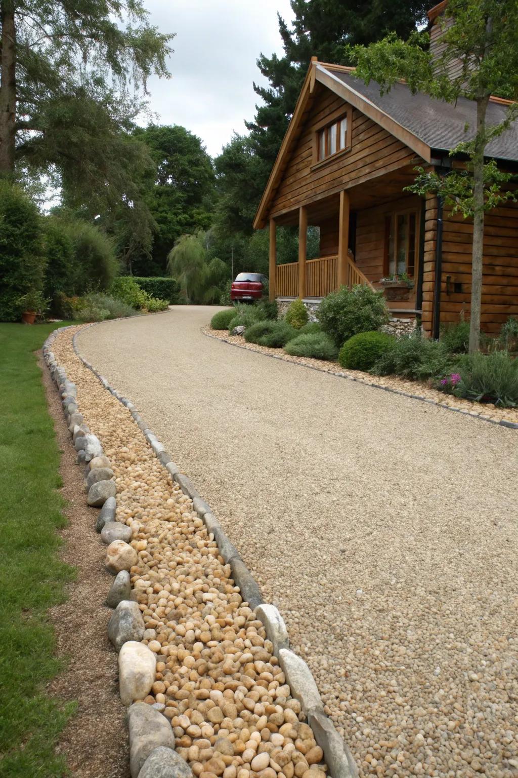 A fancy border can raise the rustic appeal of a gravel driveway.