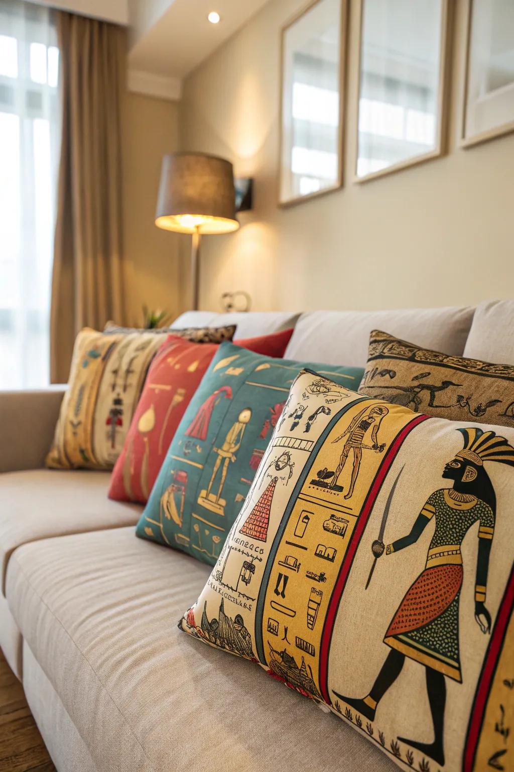 Pillows with Egyptian motifs add character and style.