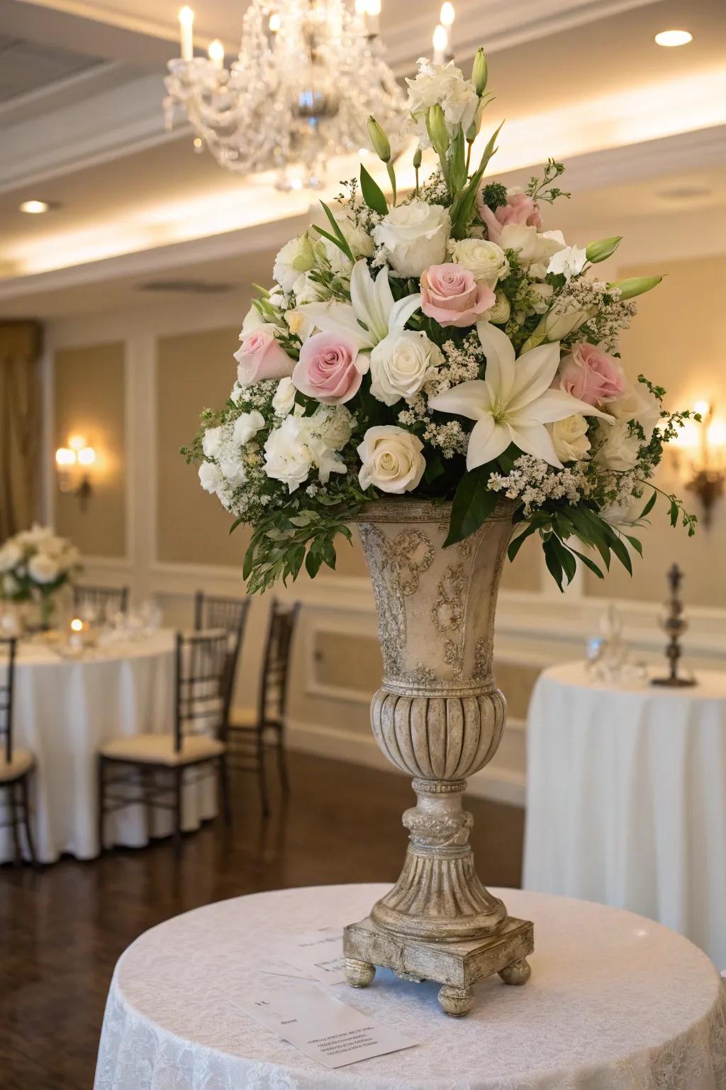 Vintage vases and classic blooms evoke timeless beauty