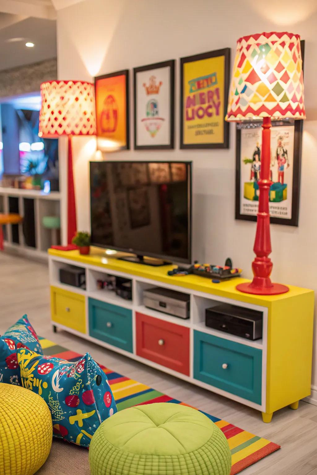 An entertainment center accented with vibrant colors.