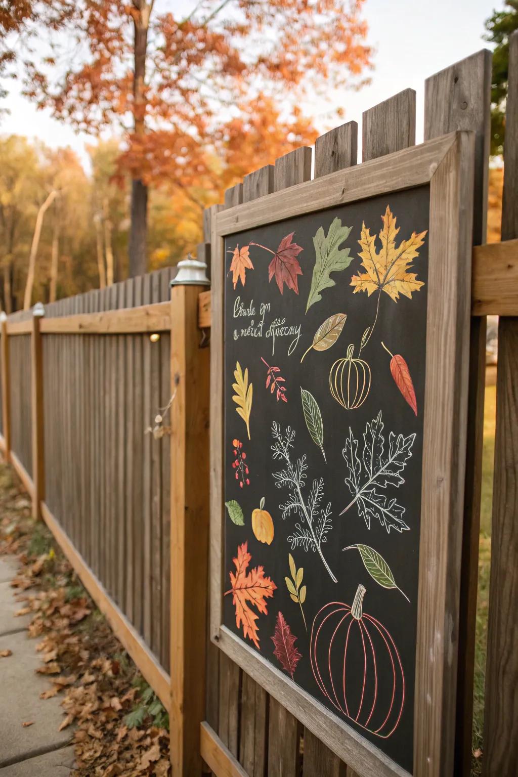 A chalkboard with fall-themed doodles adds charm to the fence.