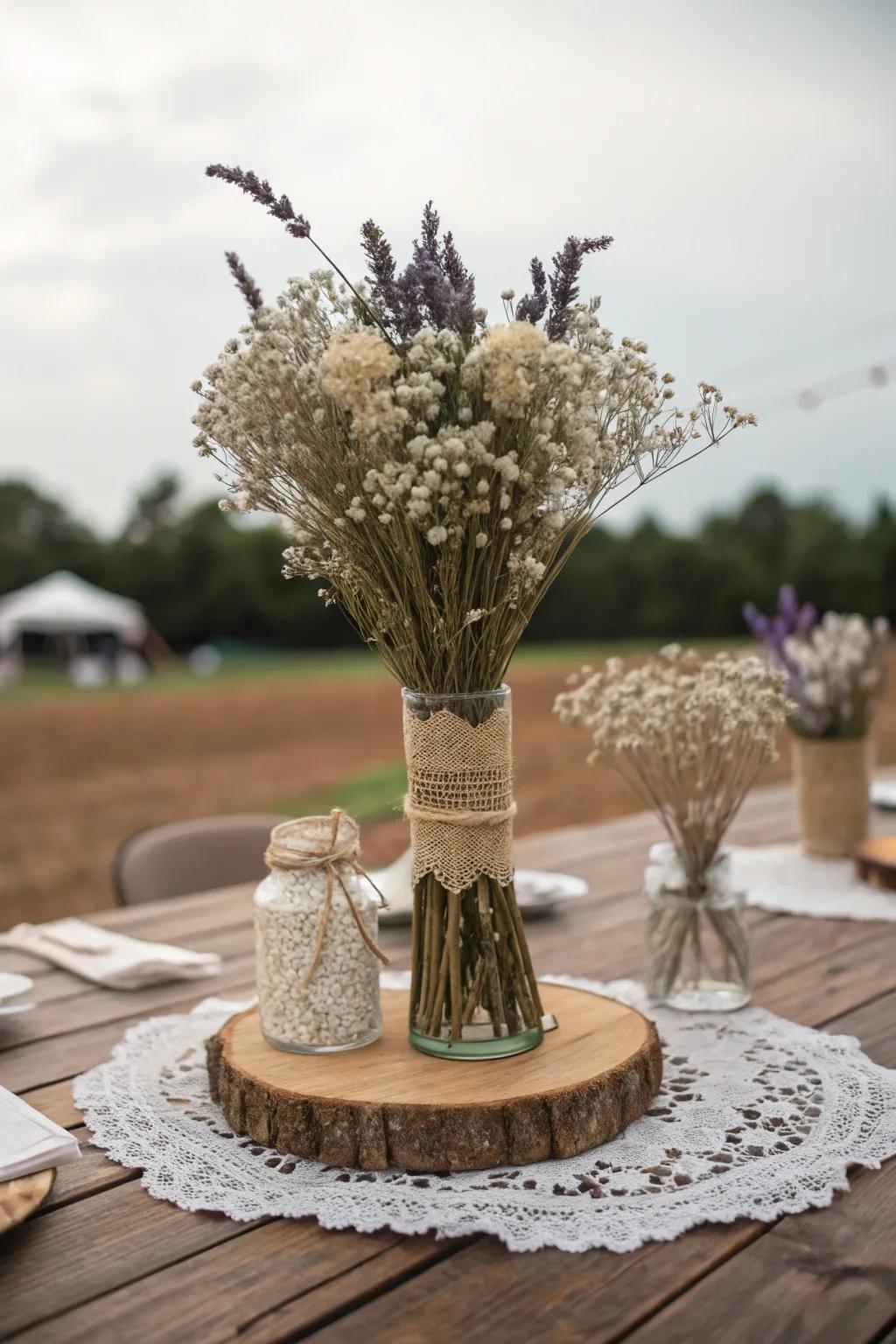 Dried flowers add rustic and timeless charm to this fall wedding centerpiece.