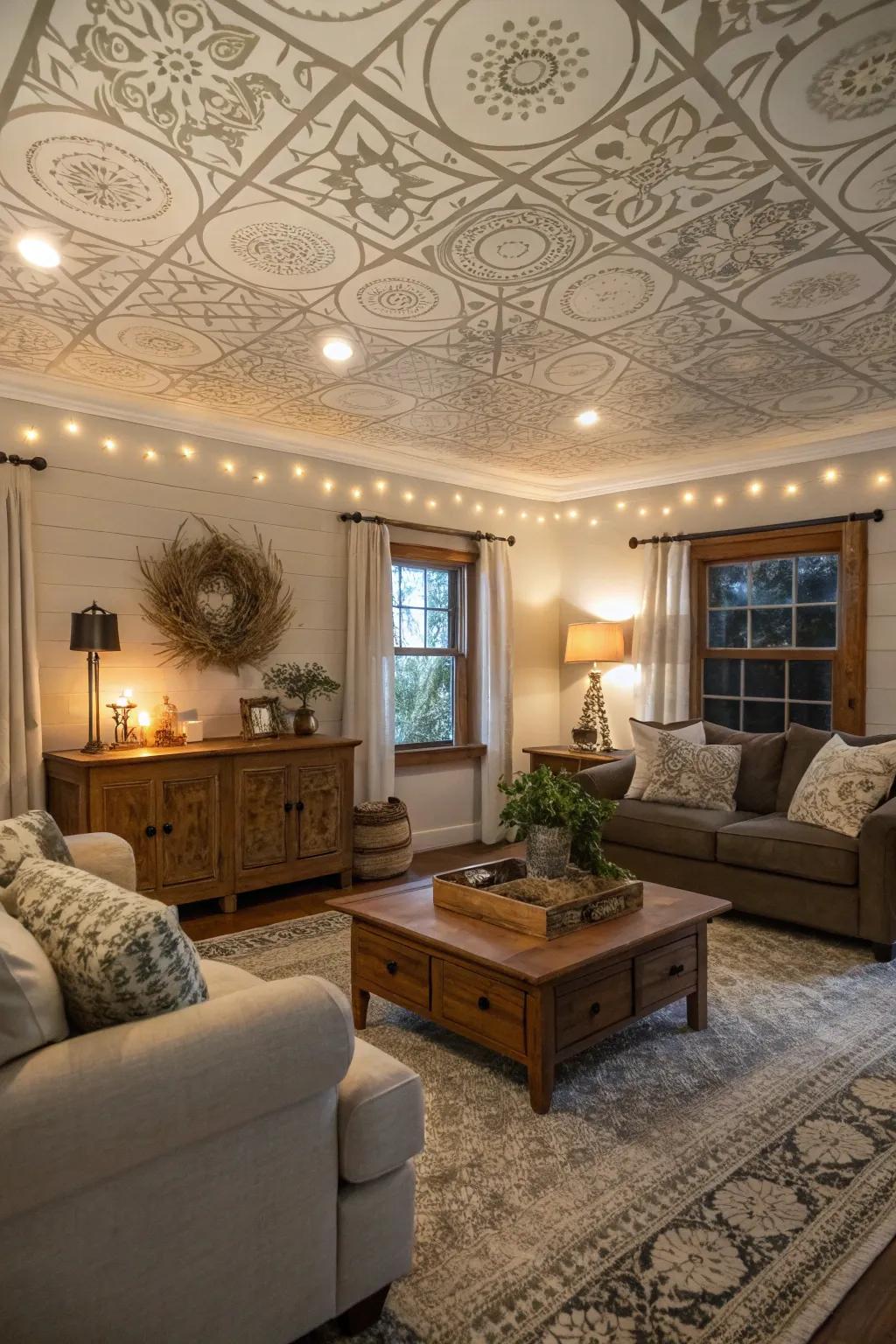 Stenciled designs add artistic flair to this farmhouse living room ceiling.