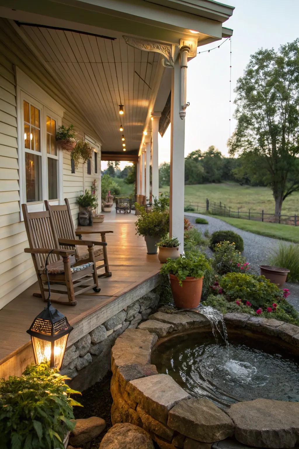 A water feature enhances the porch's tranquility.
