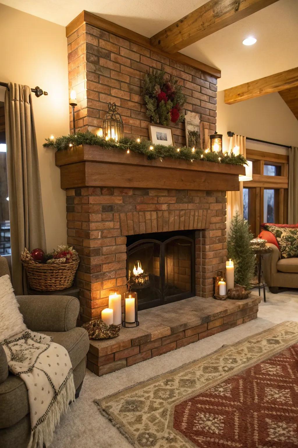 A faux fireplace with a charming rustic brick facade.