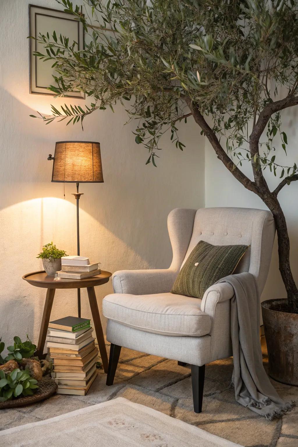 Enhance your reading nook with a faux olive tree.