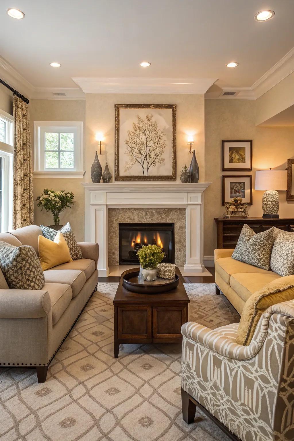 A harmonious living room with a central fireplace and color-coordinated decor.