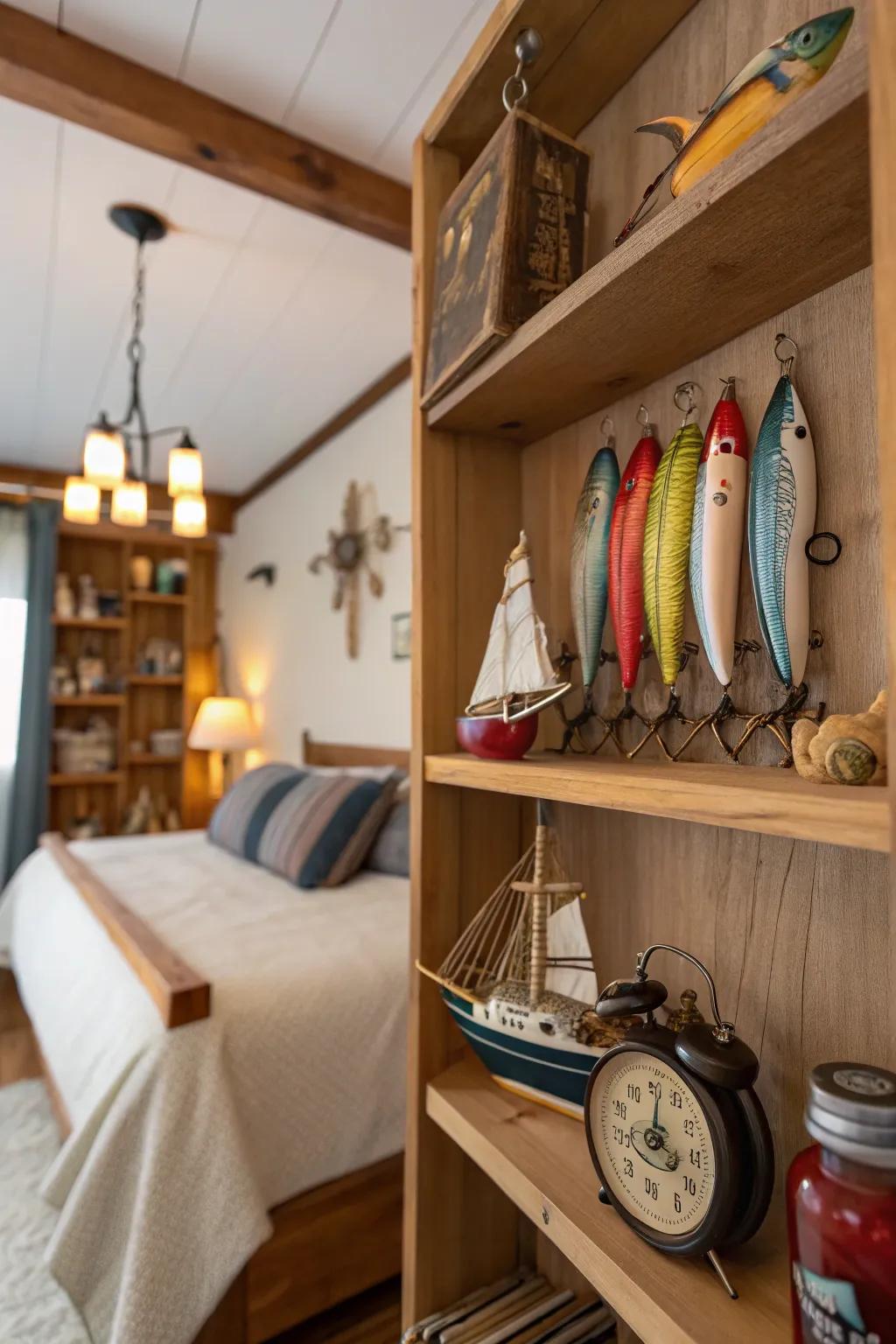 Vintage fishing lures add a nostalgic and unique touch.