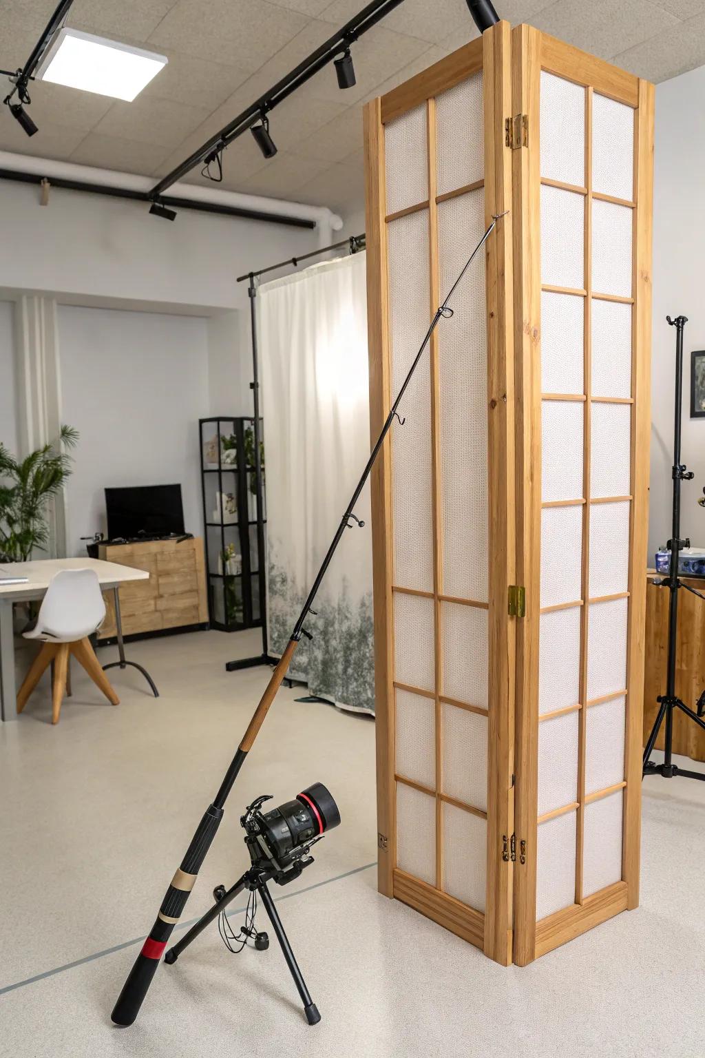 Fishing rods create a stylish and functional room divider.