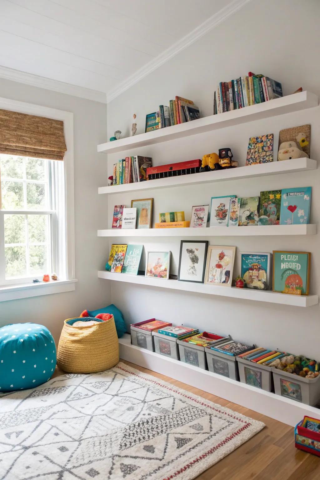 Floating shelves in a child's room for playful organization.