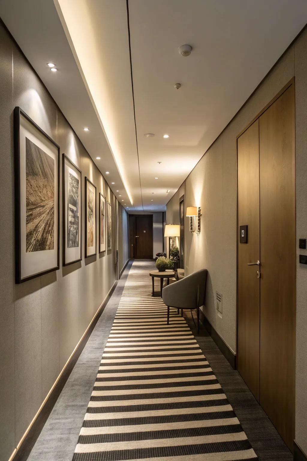 Striped floor coverings can visually expand a space and direct the eye.